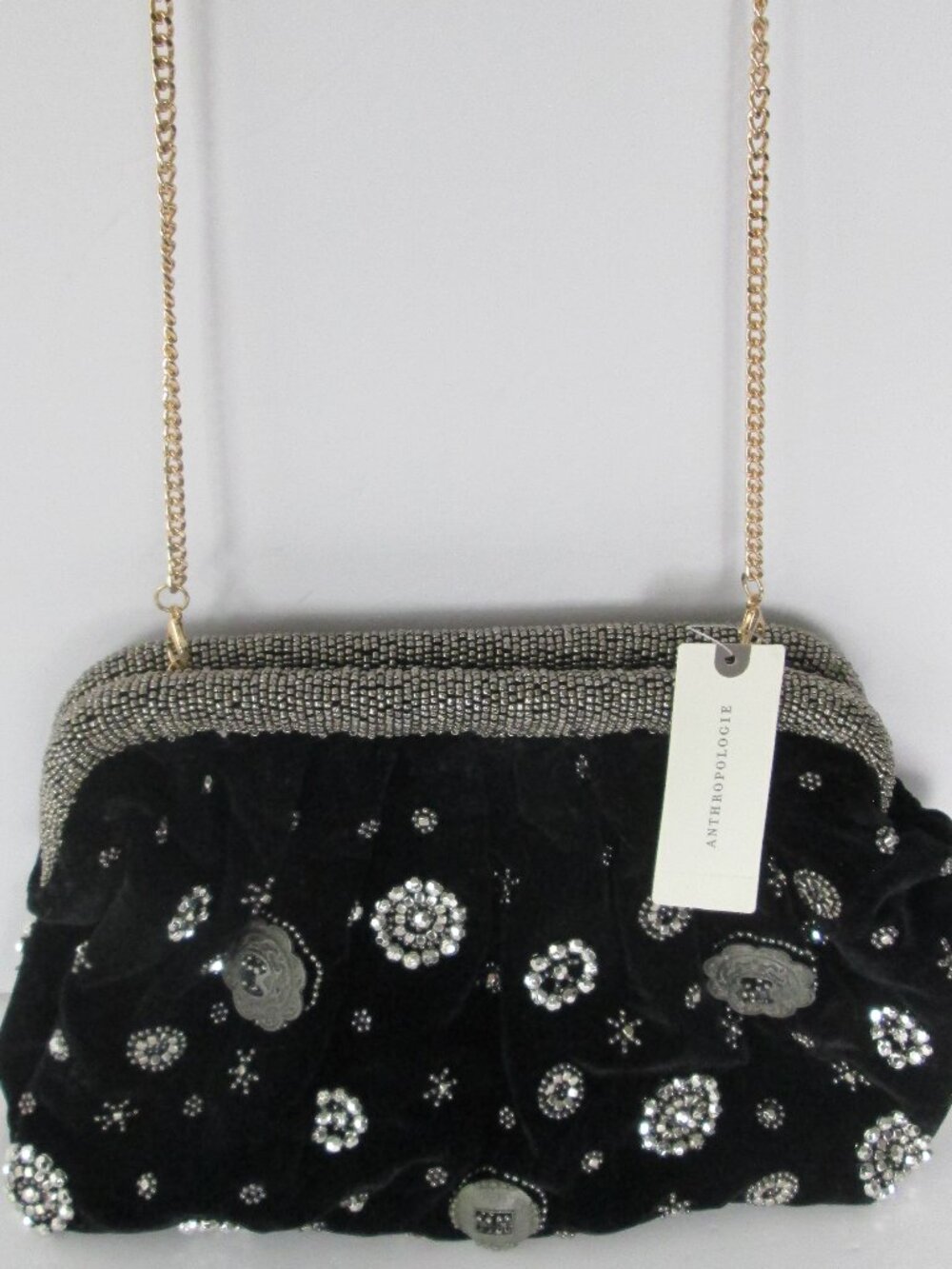NEW Anthropologie Convertible Black Velvet Beaded Studded Clutch/Shoulder Bag